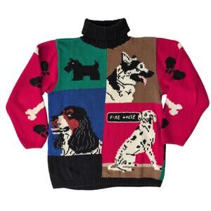 Vintage Womens Dog‎ Sweater Medium Color Block Turtleneck Dalmation Shepherd